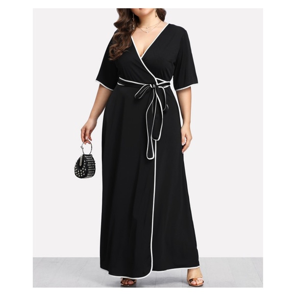 Black V Neck Short Sleeve Self Tie Wrap Maxi Dress - Picture 3 of 4